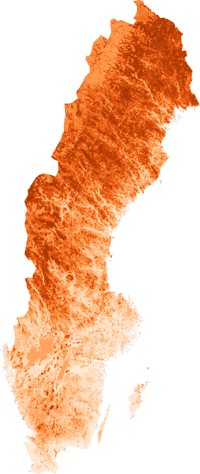 Nationell karta som rangordnar förutsättningarna för hjortronplantor.